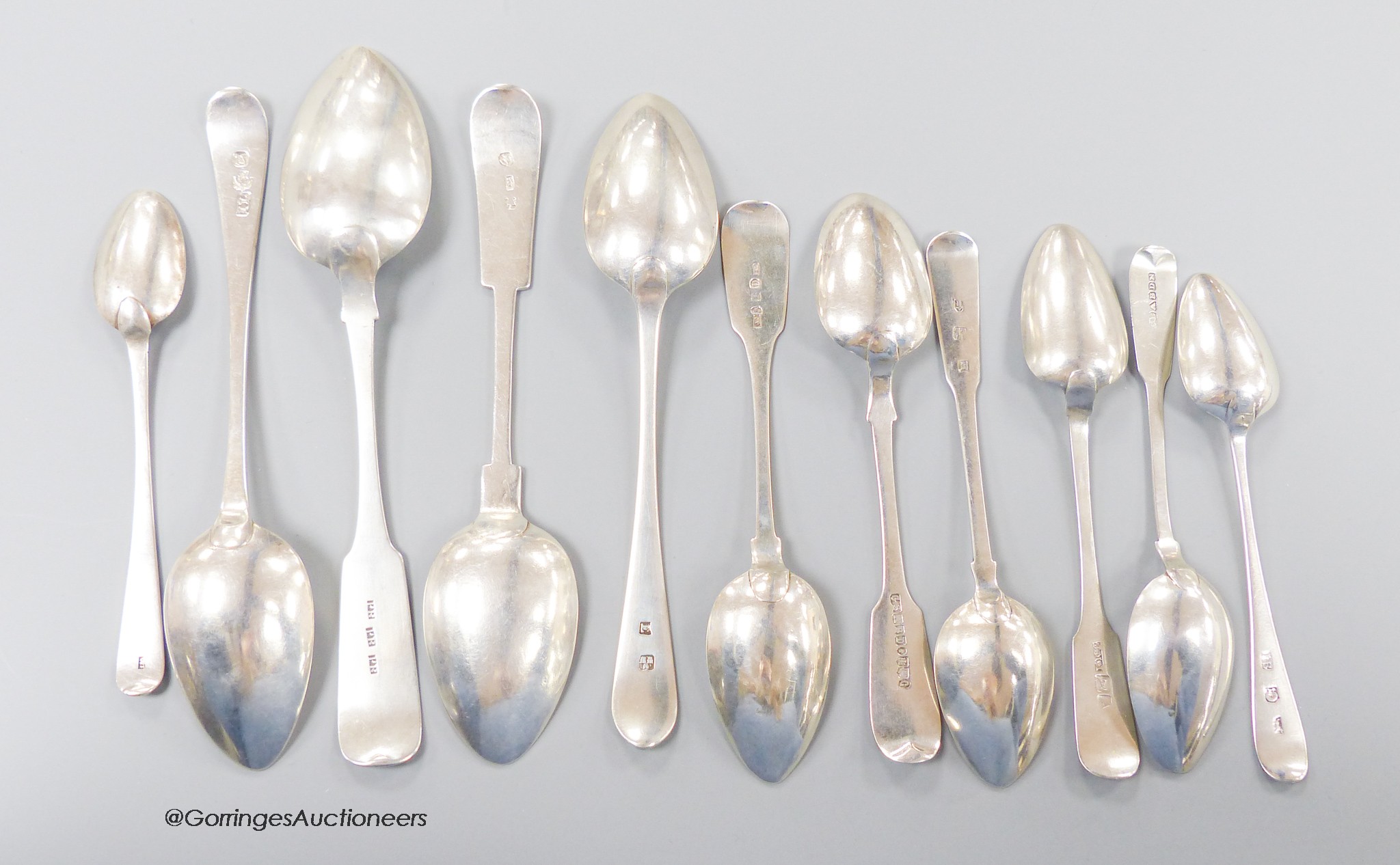 A collection of eleven 19th century Scottish provincial Aberdeen flatware, comprising four dessert spoons, (John Leslie, Nathaniel Gillert, Peter Ross & James Erskine) and seven teaspoons, (William Jamieson(2), James Ers